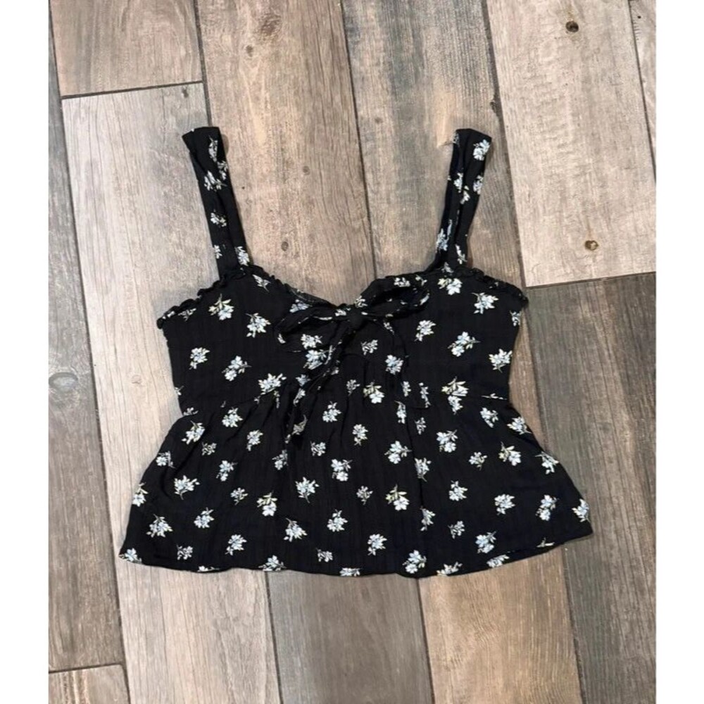 American Eagle Black Floral Ruffle Bow Tank Top